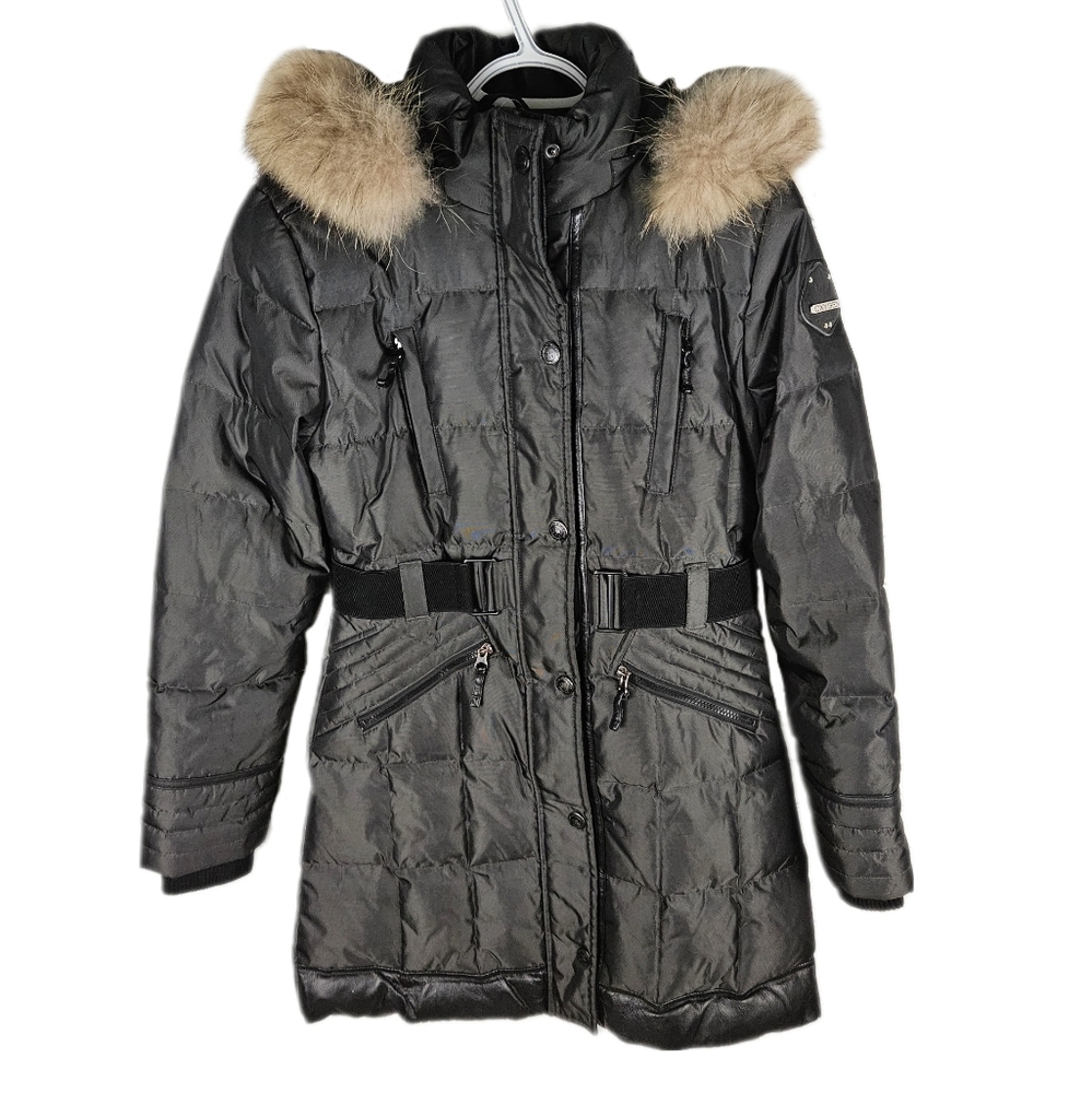 OXYGEN | leather & fur accent down/feather fill quilted jacket